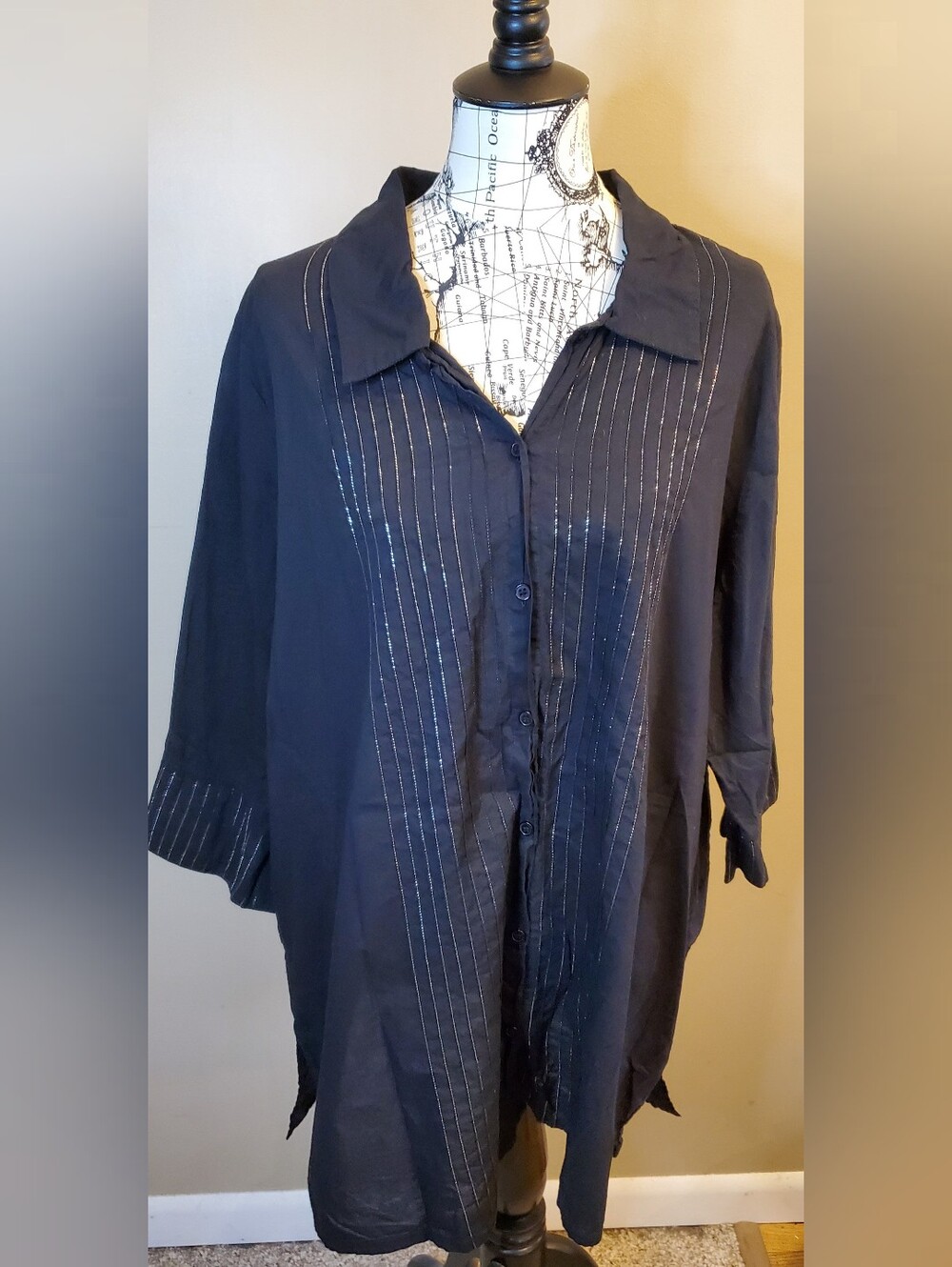 Ulla Popken Black Cotton Blouse 24/26 Plus Size 3X 3/4 Sleeve Button Front Light